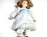 Vintage Porcelain Girl Doll Blue Dress Eyes Blonde Curly Hair Markings 4... - £32.06 GBP