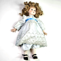 Vintage Porcelain Girl Doll Blue Dress Eyes Blonde Curly Hair Markings 4-83 PML1 - £31.46 GBP