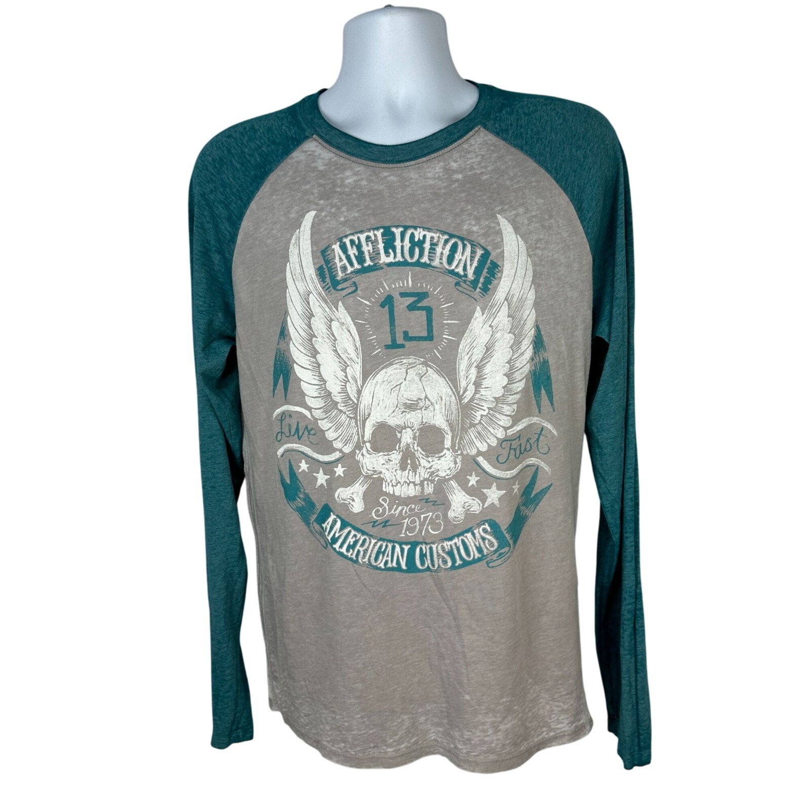 Affliction Mens Long Sleeve Raglan Graphic Tee Shirt Medium Gray &amp; Teal - £21.07 GBP