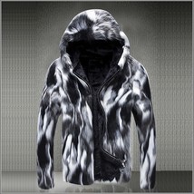 Natural Marbled Black and White Rabbit Faux Fur Front Zip Hooded Coat Jacket - £153.43 GBP
