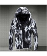 Natural Marbled Black and White Rabbit Faux Fur Front Zip Hooded Coat Ja... - £154.18 GBP