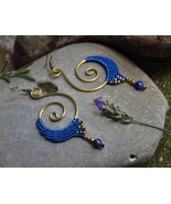 Blue spiral boho earrings, macrame festival jewelry, dangle brass tribal... - £19.33 GBP