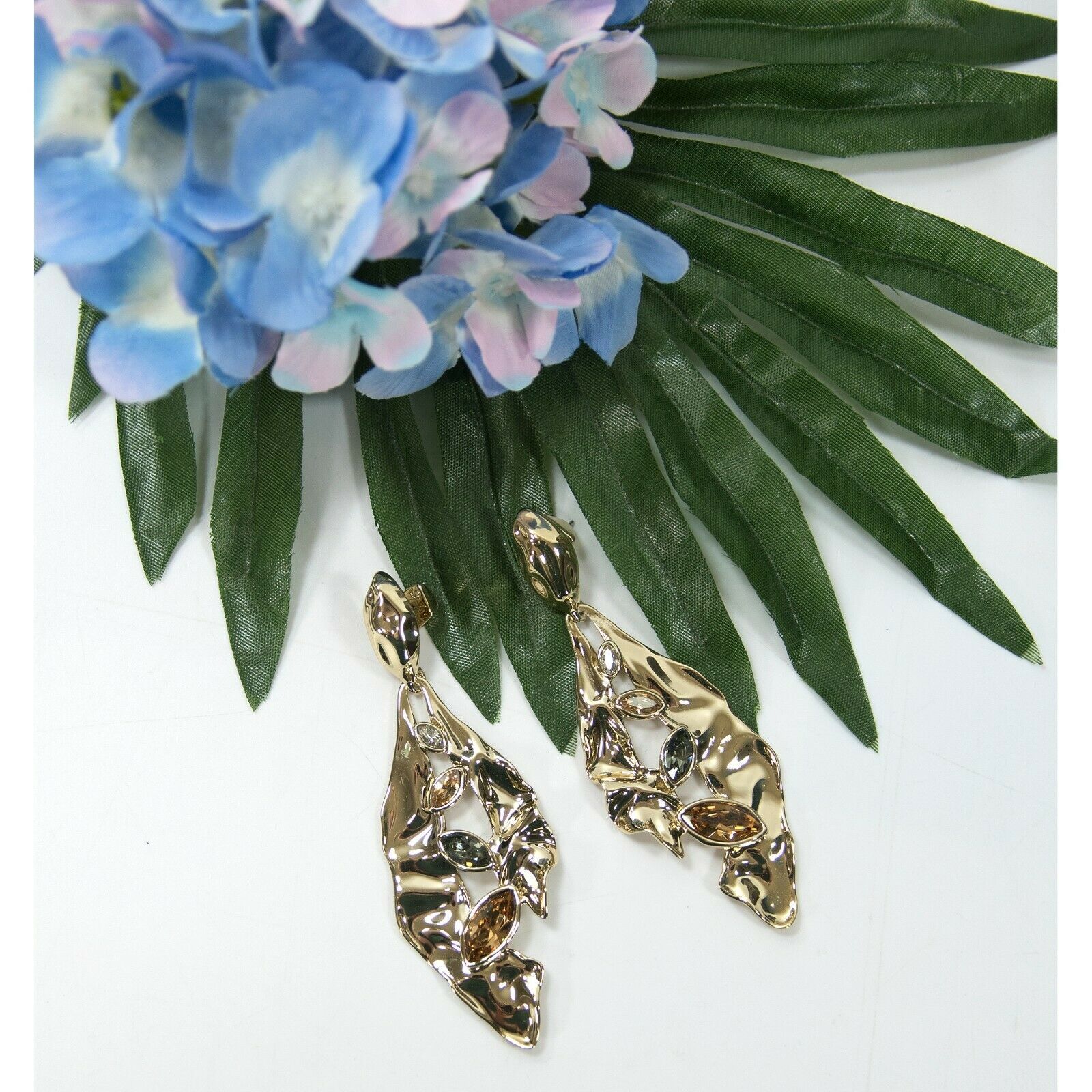 Alexis Bittar Stone Studded Crumpled Metal 14k Gold Plated Navette Earrings NWT - $182.66