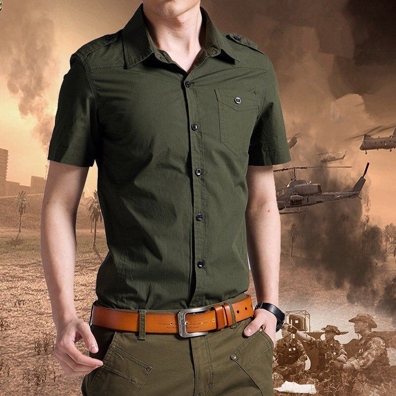 Primary image for Camisa Manga Corta Hombres Verano Militar Suelta Grande Delgado Verde Algodón