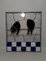 Vtg Stained Glass Square with Pig, Checked, Blue &amp; White &amp; Black, 11 x 12&quot; - £31.40 GBP