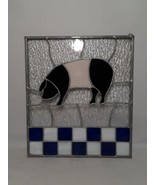 Vtg Stained Glass Square with Pig, Checked, Blue &amp; White &amp; Black, 11 x 12&quot; - £34.14 GBP