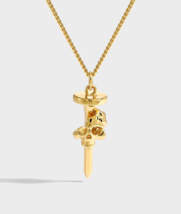 Gothic Punk Skull Head Nail Shape 18k Yellow Gold Plated Mens Women Necklace 18&quot; - £195.59 GBP