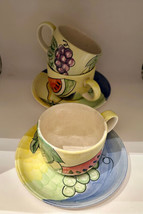 Bella Hand Painted Stoneware Large Cups Saucers (3Cups 2 Saucers) Fruit ... - $24.00