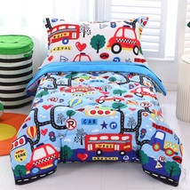 Car Toddler Bedding Sets For Boys Blue, Premium 4 Piece Car Toddler Bed Sets For - £48.60 GBP