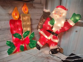 Set of 2 Vintage Lighted Christmas Window Decorations Candles Santa Holi... - £50.78 GBP