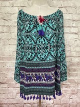 Pappagallo Colorful Boho Peasant Tunic Blouse Top Rayon Tie Neck Tassels... - £29.93 GBP
