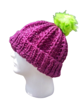 Handmade Women&#39;s Rib Beanie Hat Chunky Red Fuchsia Cap KnitGreen Pompom ... - £24.66 GBP