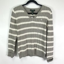 Lauren Ralph Lauren Petite Sweater PL Large Cable Knit Gray Striped V Ne... - £23.36 GBP