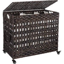Brown PP Rattan 3-Basket Laundry Hamper Sorter Cart with Removable Cotton Bags - £126.79 GBP