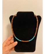 Wood heishi beads boho necklace natural amazonite turquoise disc beaded ... - $34.68 CAD