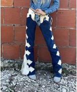 Handmade Cowgirl Chap Buckskin Suede Blue&amp;White Leather Pants Western Ro... - £69.73 GBP+