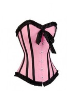 Pink Satin Black Frill Gothic Retro Burlesque Bustier Overbust Overbust Corset  - £62.79 GBP