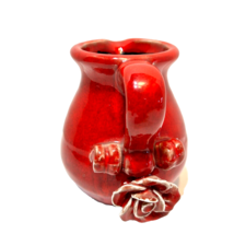 Vintage Art Pottery Flower Pitcher Red Glazed Red Rose Applied At Bottom 5.5&quot; - £26.77 GBP