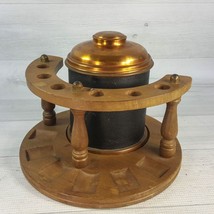 Vintage Wood Pipe Holder Caddy Round Display Copper Tobacco Storage Jar Tin 9.5&quot; - $58.19