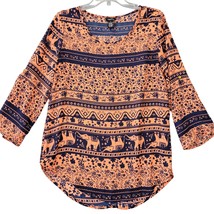 rue21 Women Shirt Size S Orange Preppy Elephant Animal 3/4 Sleeve Scoop Neck Top - £8.07 GBP