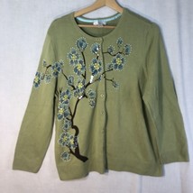 CJ Banks Size 1x Green w Beaded Tree Branch Cardigan Sweater Cotton - £19.41 GBP