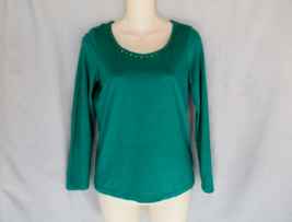 Talbots top tee embellished  Petite Small green beads scoop neck long sleeves - £12.38 GBP