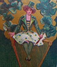 St Patrick&#39;s Day Postcard Erin Go Bragh Women Sits On Giant Harp Carmel IND 1910 - $20.19