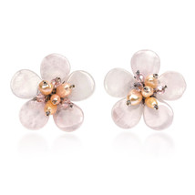 Elegant Tropical Flower Pink Quartz &amp; Pearls Clip-on Earrings - £11.84 GBP