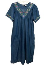 Vermont Country Store Embroidered Denim Muumuu Size Large Midi Floral Relaxed - $24.86