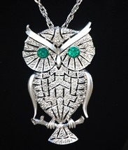 Runway Necklace Large Horned Owl Green Rhinestone Eyes Chunky Jewelry Vi... - £23.73 GBP
