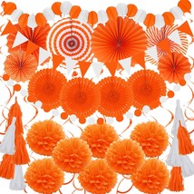 Party Decorations, 41 Pcs Orange Papar Fans Pompoms Garlands String Tissue Paper - £25.57 GBP