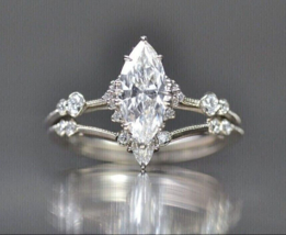 14K White Gold Plated Solitaire Bridal Ring Set 2 Ct Marquise Simulated Diamond - £83.08 GBP