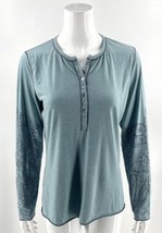 Title Nine Top Sz Large Blue Purple Graphic Sleeve Henley Tee Shirt Womens - $24.75