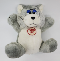 1990s Vintage Meowing Angry Cat Gray White 10&quot; Plush Stuffed Electronic Toy B313 - £19.60 GBP