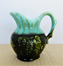 Vintage MCM blue &amp; green Japan small art pottery pitcher w/ grape bunch details - £15.92 GBP