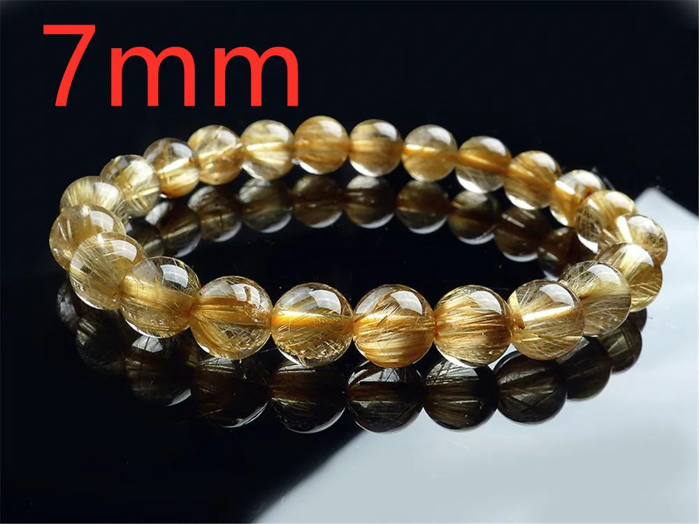Natural Brazil Gold Rutilated Quartz Woman Man Titanium Wealthy Beads Bracelet 7 - £177.52 GBP