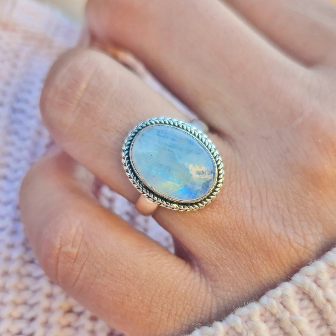Solid 925 Sterling Silver Rainbow Moonstone Gemstone Partywear Women&#39;s R... - $49.38+