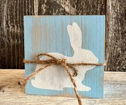 1 Pcs White Bunny Tiered Blue Square Tray Rustic Wood Mini Sign #MNHS - £7.85 GBP