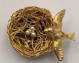 Vintage marked “ Jeanne “ Bird on Nest Faux Pearl Eggs Gold Tone Pin - $15.15