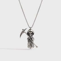 Vintage Men&#39;s Death Skeleton Skull Grim Reaper 925 Sterling Silver Necklace 18&quot; - £103.03 GBP