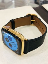 24K Gold Plated 45MM Apple Watch  SERIES 7 Stainless Steel Black Leather... - $1,424.05