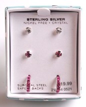 Girls Sterling Silver 925 Pink Clear Crystal Hoop Post Stud Earrings New in Box - £12.05 GBP