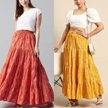 Maxi Skirt Flared hem tiered woven drawstring, Cotton, Orange, Yellow S-3XL - £34.97 GBP