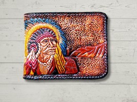 Genuine Leather Mens Wallet, Bifold Western wallet, Indigenous Chief cut... - $43.99