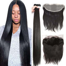 Brazilian Straight Remy Hair 36 40 Inch Human Hair Bundles With 13X4 Lace Fronta - £84.63 GBP+