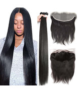 Brazilian Straight Remy Hair 36 40 Inch Human Hair Bundles With 13X4 Lac... - $107.62+