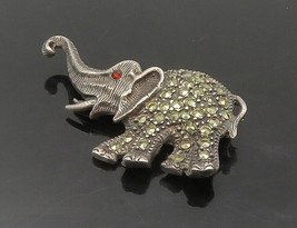 925 Sterling Silver - Vintage Marcasite &amp; Red Topaz Elephant Brooch Pin - BP6710 - £36.07 GBP