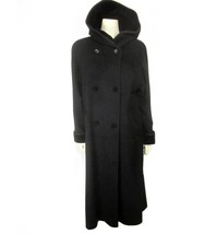 Halston Black 100% Wool Hooded Long Coat Velvet Collar &amp; Cuffs Size 6 US... - £55.35 GBP