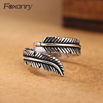 Vintage 925 Stamp Opening Rings for Women Couples Creative Simple Feather Handma - £8.69 GBP