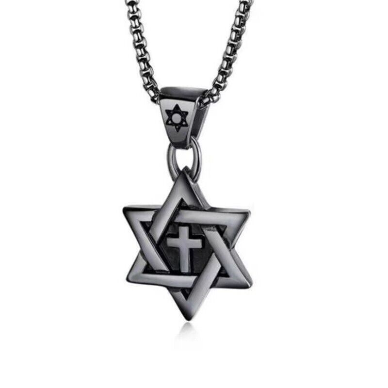 Black Jewish Star of David Messianic Cross Pendant Necklace For Men Chain 24" - £9.46 GBP